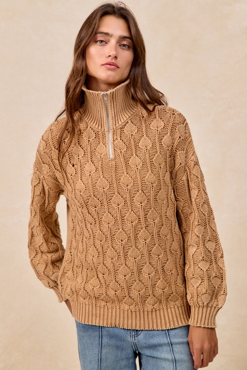IT4737G-01 | WASHED TEARDROP PATTERN QUARTER ZIP UP SWEATER Light wash