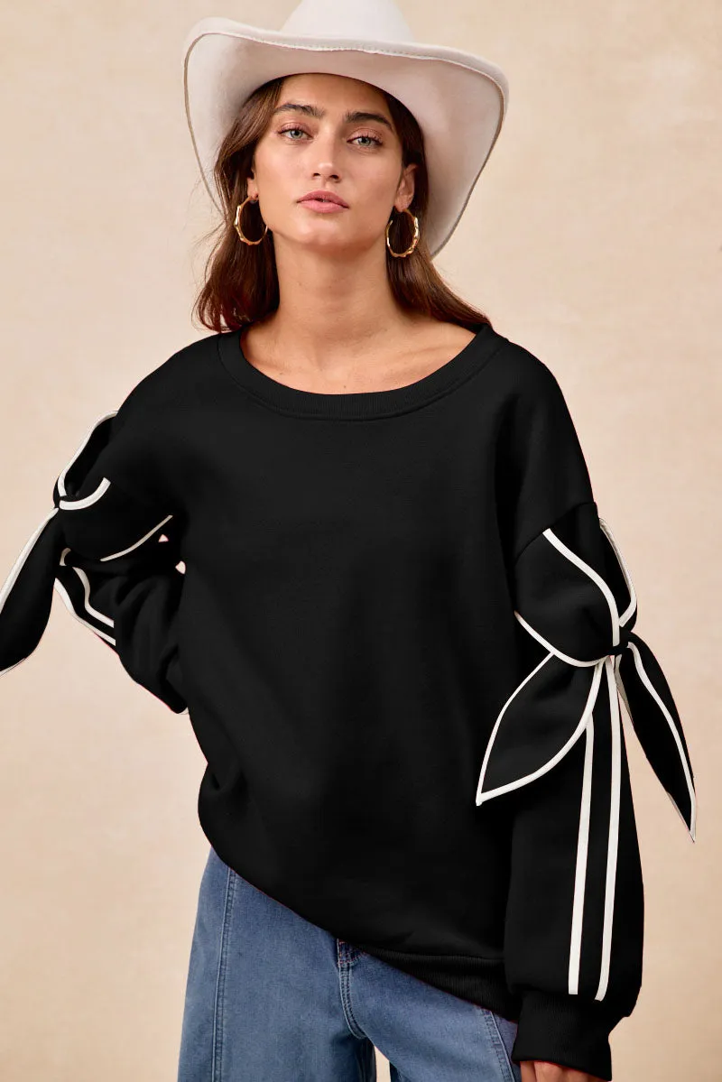 Sporty Casual IT4741G-01 | BOW DETAIL SLEEVES FLEECE SWEATSHIRT