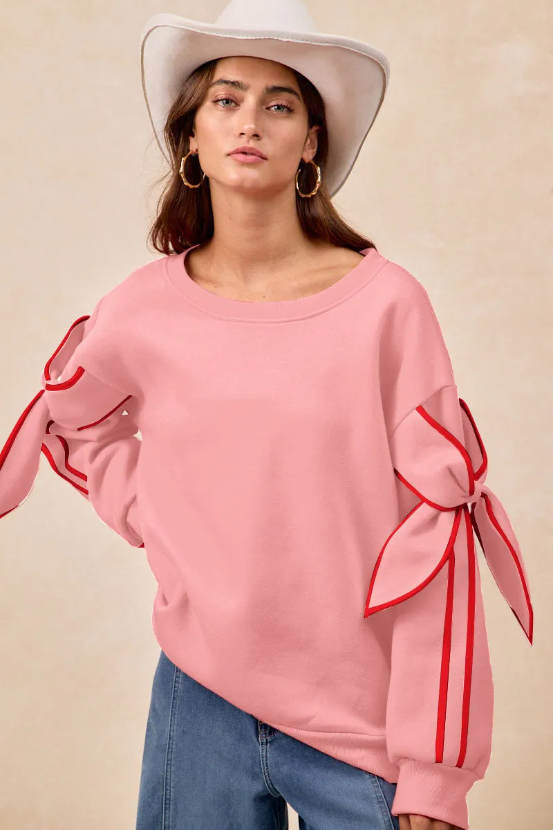 IT4741G-01 | BOW DETAIL SLEEVES FLEECE SWEATSHIRT City Ready Wear