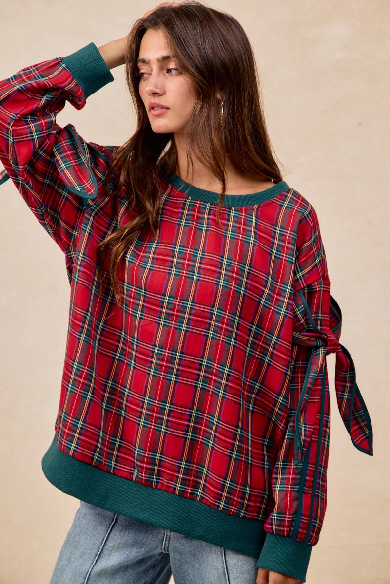IT4741G-04 | BOW DETAIL SLEEVES CHRISTMAS PLAID TOP Office Classic