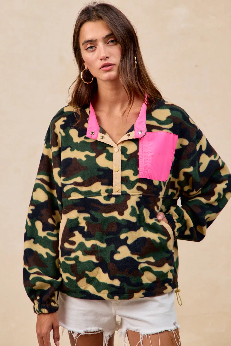 IT4749S-03 | CAMO FLEECE HALF BUTTONED TOP WITH SIDE POCKET Travel Fit Street Ready