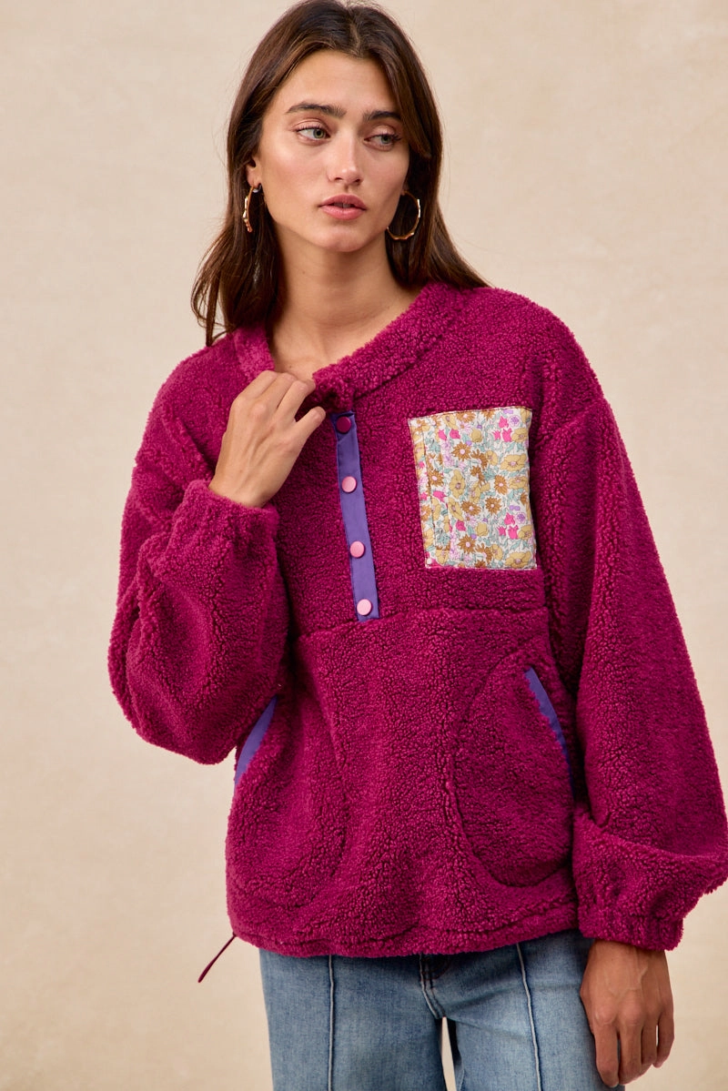 IT4749S-01 | SHERPA FLEECE HALF BUTTONED TOP WITH SIDE POCKETS Gathered-Detail Pleated design