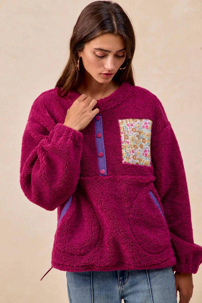 IT4749S-01 | SHERPA FLEECE HALF BUTTONED TOP WITH SIDE POCKETS Casual Essential Simple yet sophisticated gown