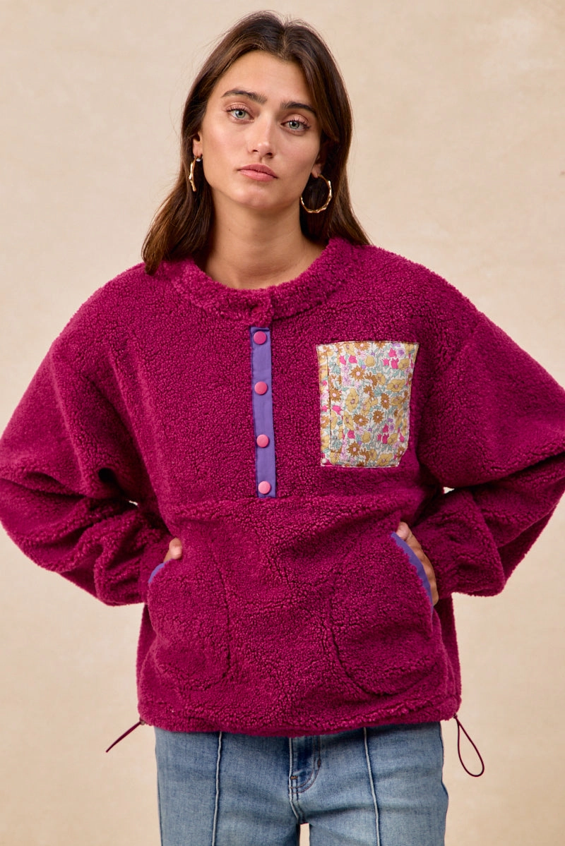 IT4749S-01 | SHERPA FLEECE HALF BUTTONED TOP WITH SIDE POCKETS Daily Mood Simple formal dress