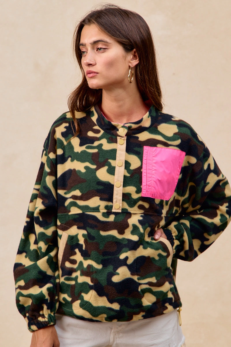 Picture Perfect Party Safe IT4749S-03 | CAMO FLEECE HALF BUTTONED TOP WITH SIDE POCKET