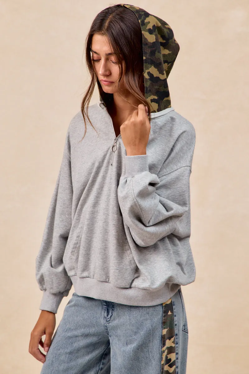 Stretch Comfort IT4751S-01 | FRENCH TERRY HALF ZIP UP WITH CAMO HOODIE TOP