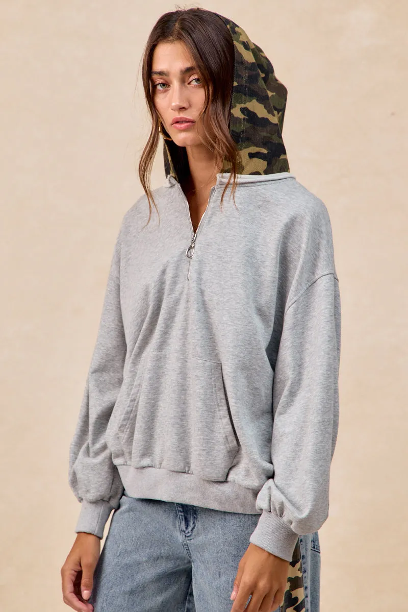 Urban Outfit Quilted Pattern IT4751S-01 | FRENCH TERRY HALF ZIP UP WITH CAMO HOODIE TOP