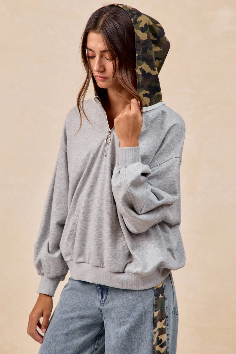 Korean Mood Clean Comfort IT4751S-01 | FRENCH TERRY HALF ZIP UP WITH CAMO HOODIE TOP