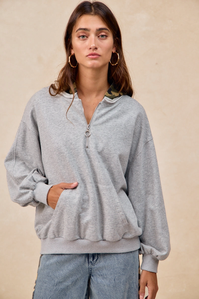 IT4751S-01 | FRENCH TERRY HALF ZIP UP WITH CAMO HOODIE TOP Tassel-Detail Stylish Mood