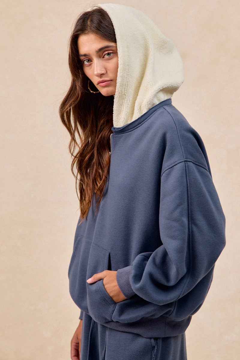 IT4751S-02 | BRUSHED TERRY HALF ZIP UP WITH FLEECE HOODIE TOP Soft Contour Natural Feel