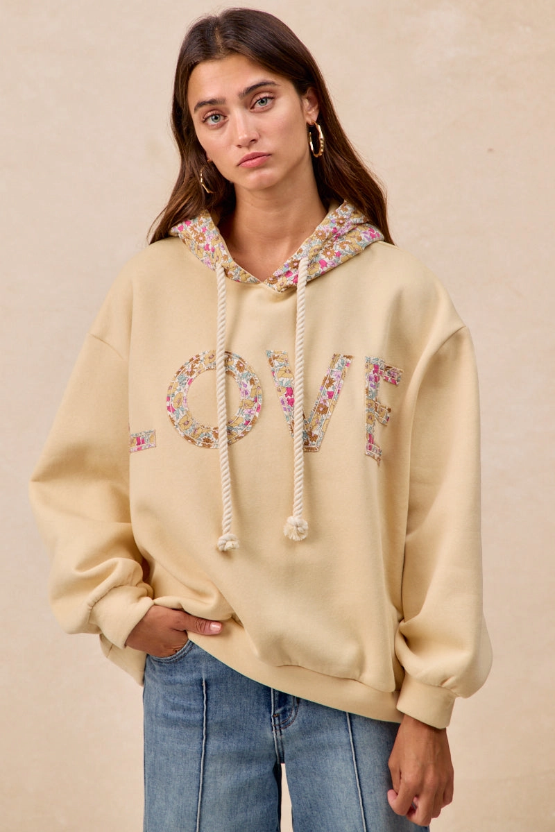 Basic Mood IT4752S-02 | BRUSHED TERRY LOVE LETTER HOOIDE TOP FLOWER PRINT