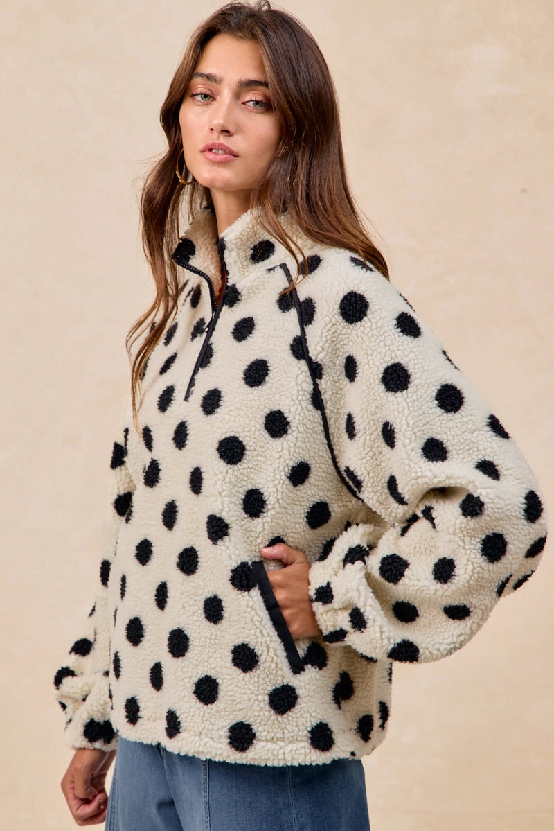 IT4755S-02 | POLKA DOT SHERPA HALF ZIP UP TOP WITH SIDE POCKET Midi-Length Delicate Touch