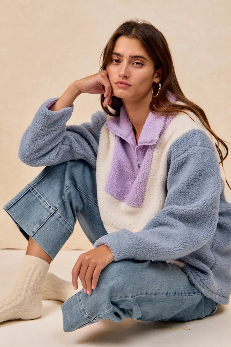 IT4756S-01 | SHERPA FLEECE COLOR BLOCK ZIP UP TOP WITH POCKET City Commuter