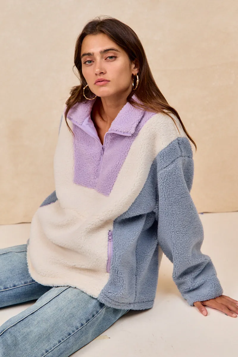 Winter Layering Piece Sustainable Material IT4756S-01 | SHERPA FLEECE COLOR BLOCK ZIP UP TOP WITH POCKET