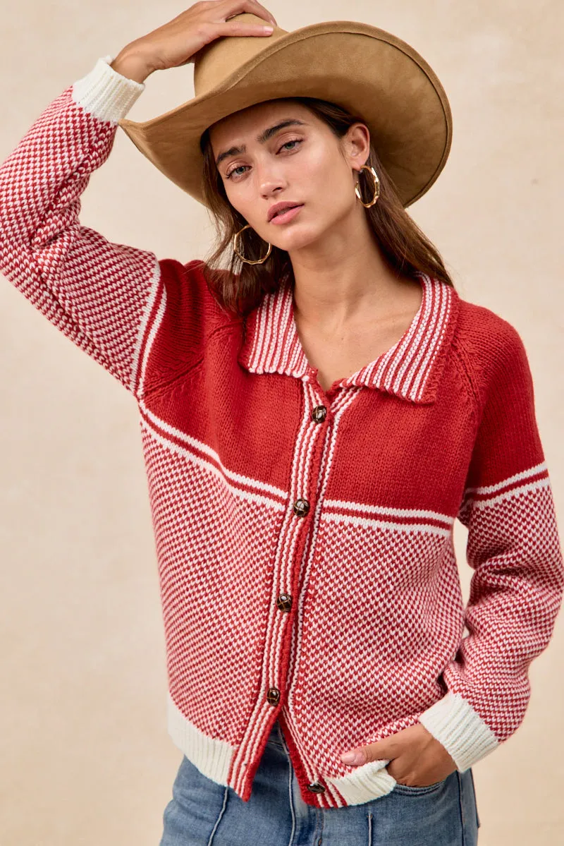 IT4758H-01 | TWO COLOR WEAVE SWEATER TOP WITH STRIPED PLACKET Glossy Finish