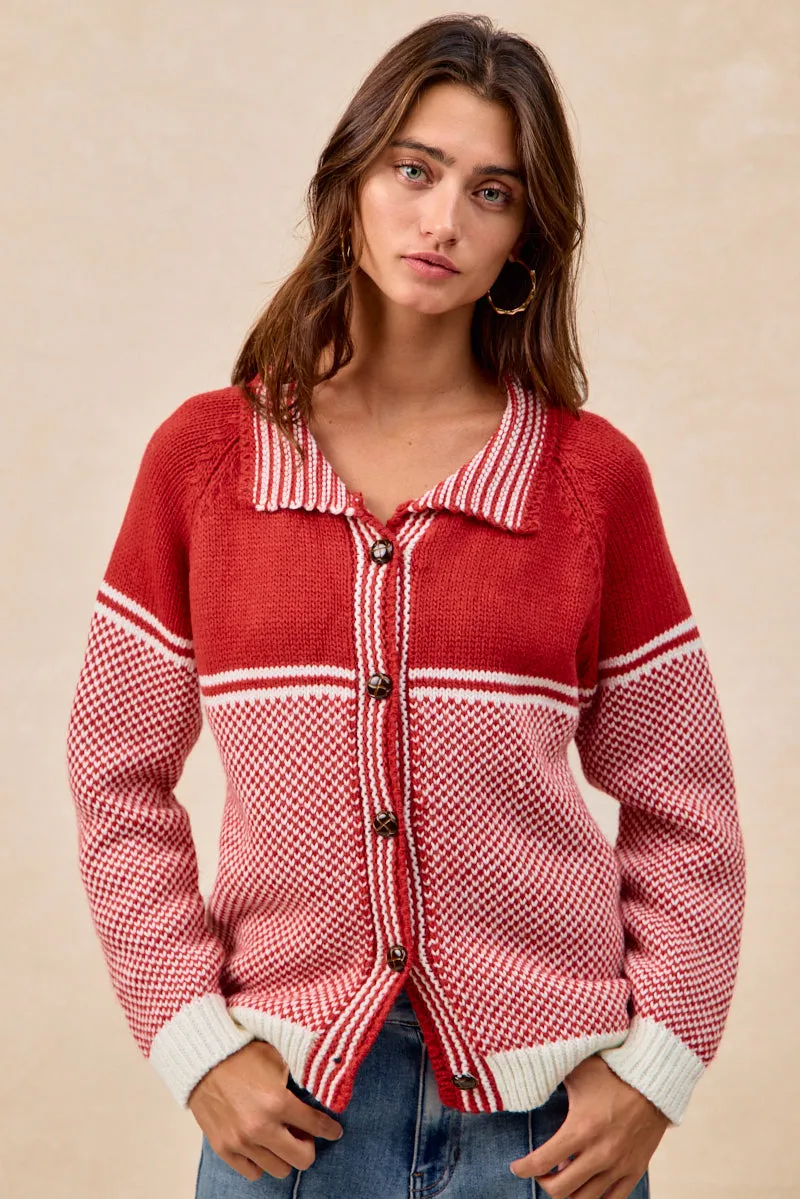 IT4758H-01 | TWO COLOR WEAVE SWEATER TOP WITH STRIPED PLACKET Weekend Casual