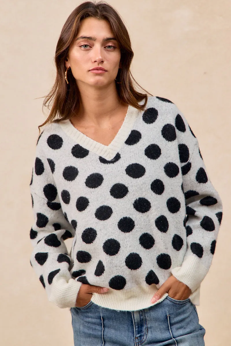 Formal Use IT4760H-01 | POLKA DOTS ARTWORK SWEATER TOP WITH V NECKLINE