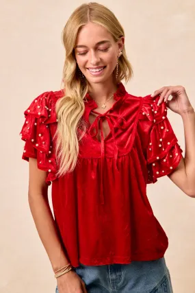 IT4767S-02 | BEADS DETAIL RUFFLED SLEEVES VELVET CHRISTMAS TOP Simple Modern Piece Double Breasted
