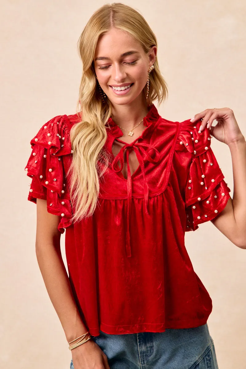 IT4767S-02 | BEADS DETAIL RUFFLED SLEEVES VELVET CHRISTMAS TOP Simple Modern Piece Double Breasted
