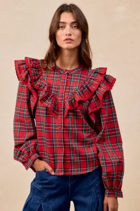 Statement Outerwear All Season Fit IT4770S-01 | CHRISTMAS PLAID RUFFLED BLOUSE TOP WITH TRIM