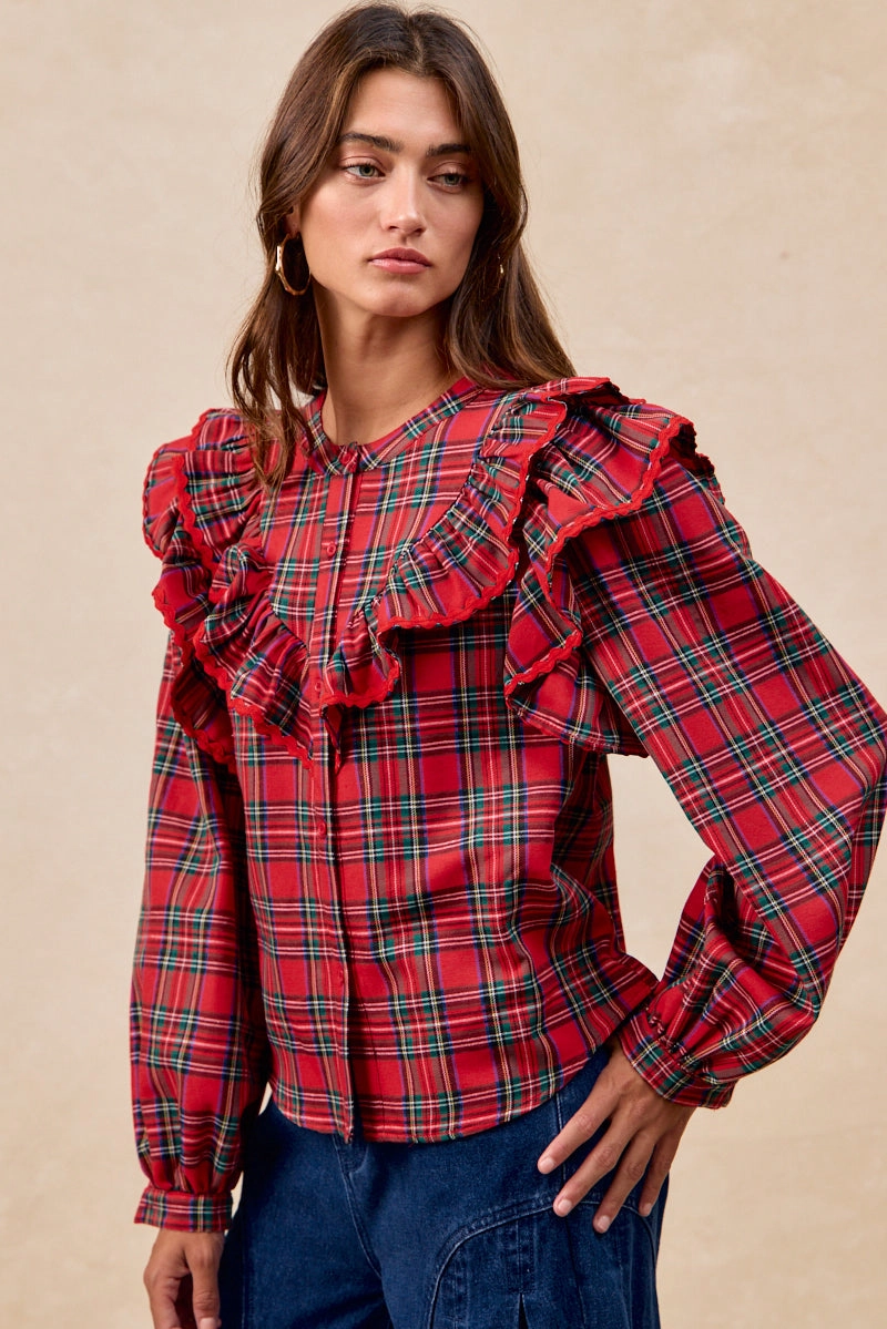 Classic knee-length dress IT4770S-01 | CHRISTMAS PLAID RUFFLED BLOUSE TOP WITH TRIM