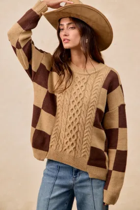 IT4775H-01 | CHECKER BOARD PATTERN CABLE KNIT SWEATER TOP Hard Cover Weather Smart Look