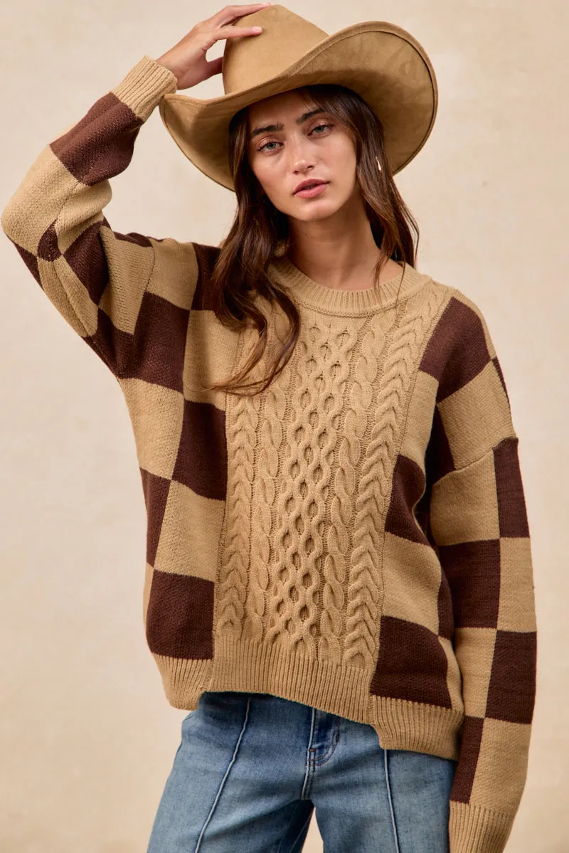 IT4775H-01 | CHECKER BOARD PATTERN CABLE KNIT SWEATER TOP Breathable City Style Wet Wicking