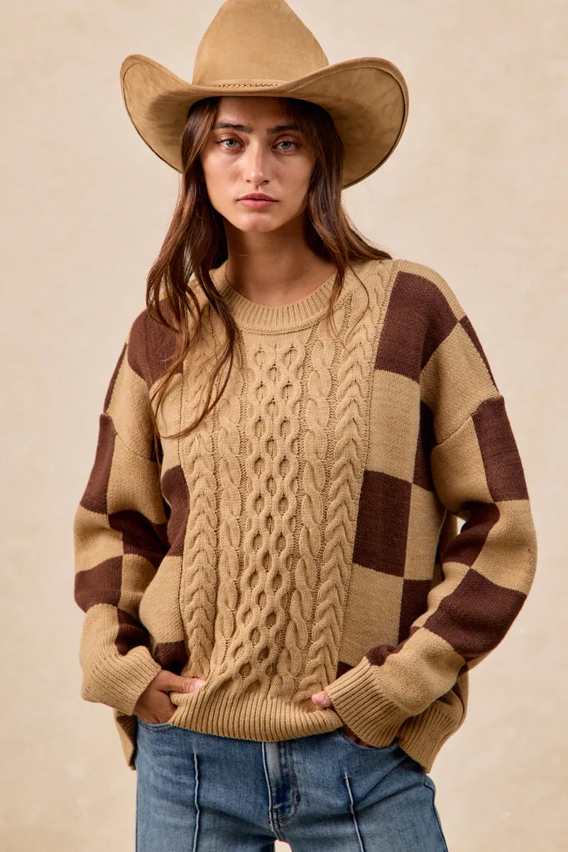 IT4775H-01 | CHECKER BOARD PATTERN CABLE KNIT SWEATER TOP Matte Fabric