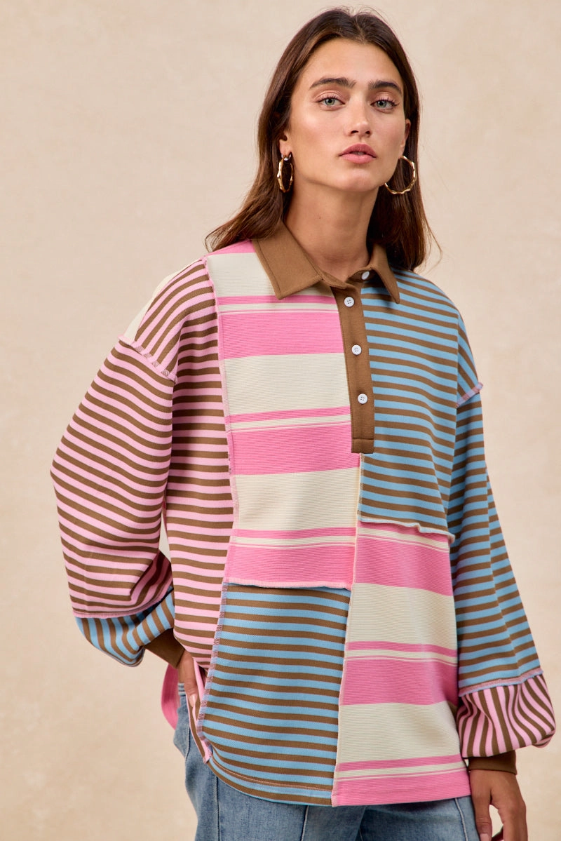 IT4776H-01 | STRIPED MULTI COLOR BLOCK TUNIC TOP Flared bottom