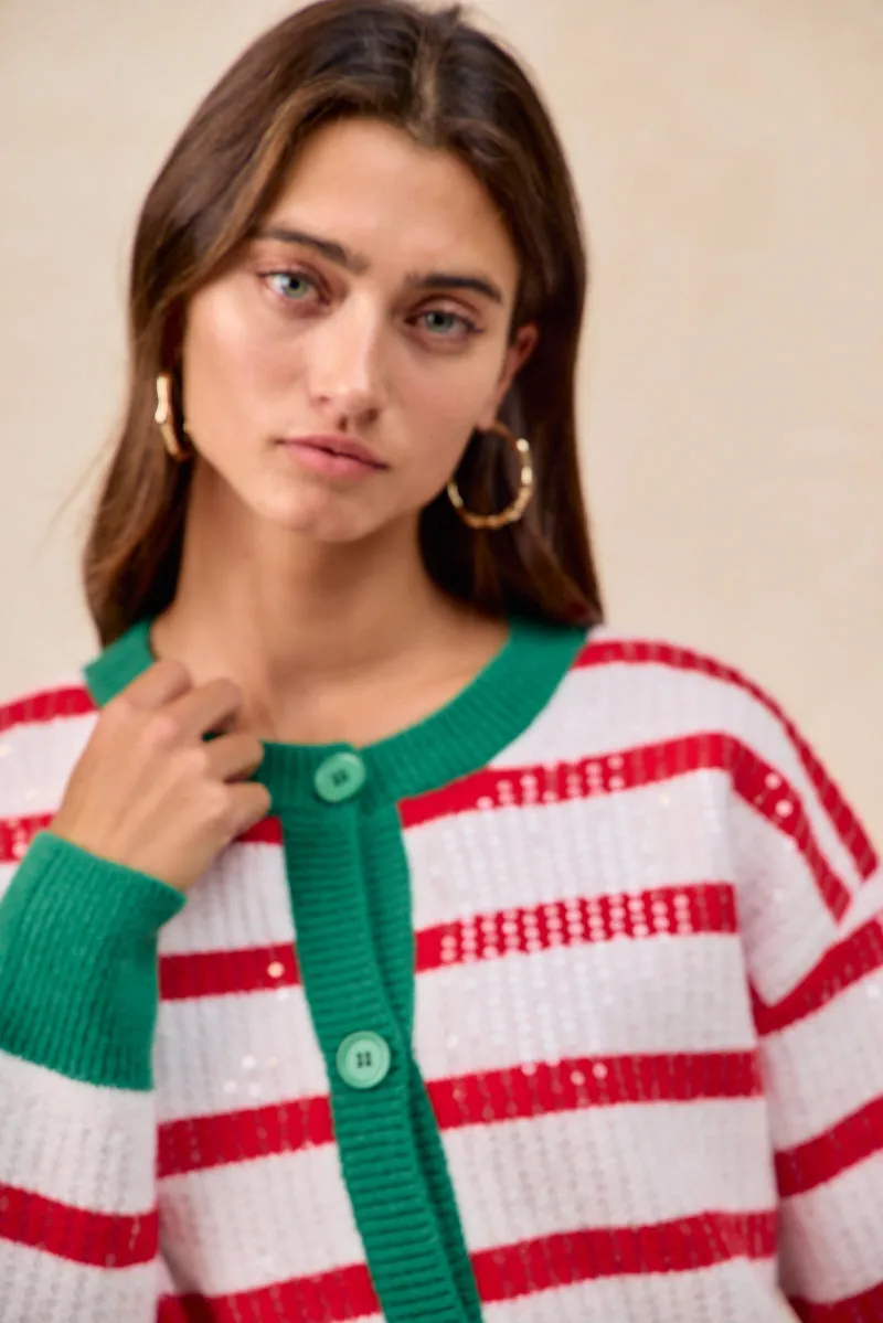 IT4778S-02 | CHRISTMAS STRIPE SEQUINS BUTTONED UP CARDIGAN Day To Night Wear Active Style