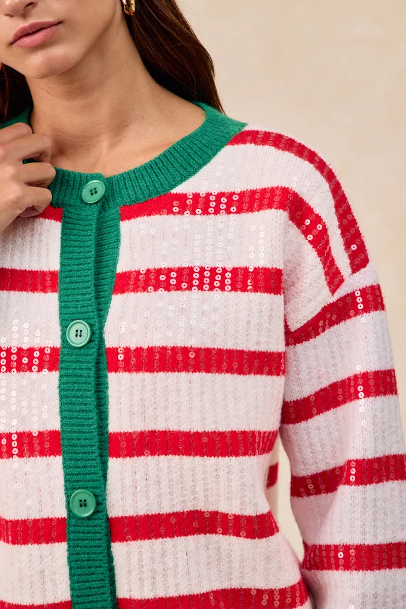 IT4778S-02 | CHRISTMAS STRIPE SEQUINS BUTTONED UP CARDIGAN Relaxed Layers Heat Guard