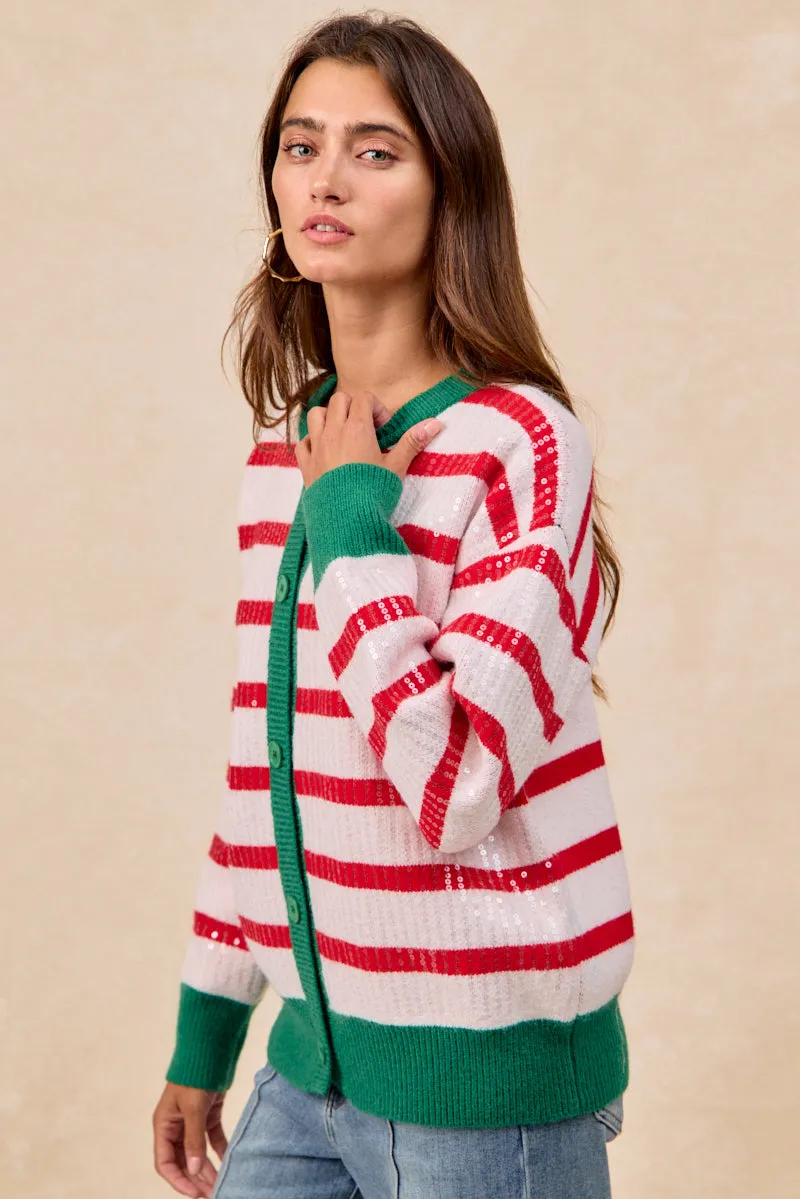 Easy Match Indoor Comfort IT4778S-02 | CHRISTMAS STRIPE SEQUINS BUTTONED UP CARDIGAN