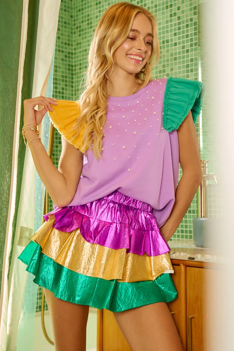 Stretchy Material Core Flex IT4782S-02 | MARDIGRAS THEME FRAYED EDGE RUFFLED TOP