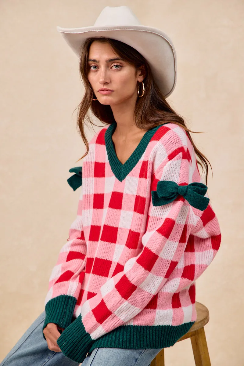 IT4786H-01 | CHRISTMAS THEME CHECKER BOARD V NECK SWEATER TOP Bold Statement