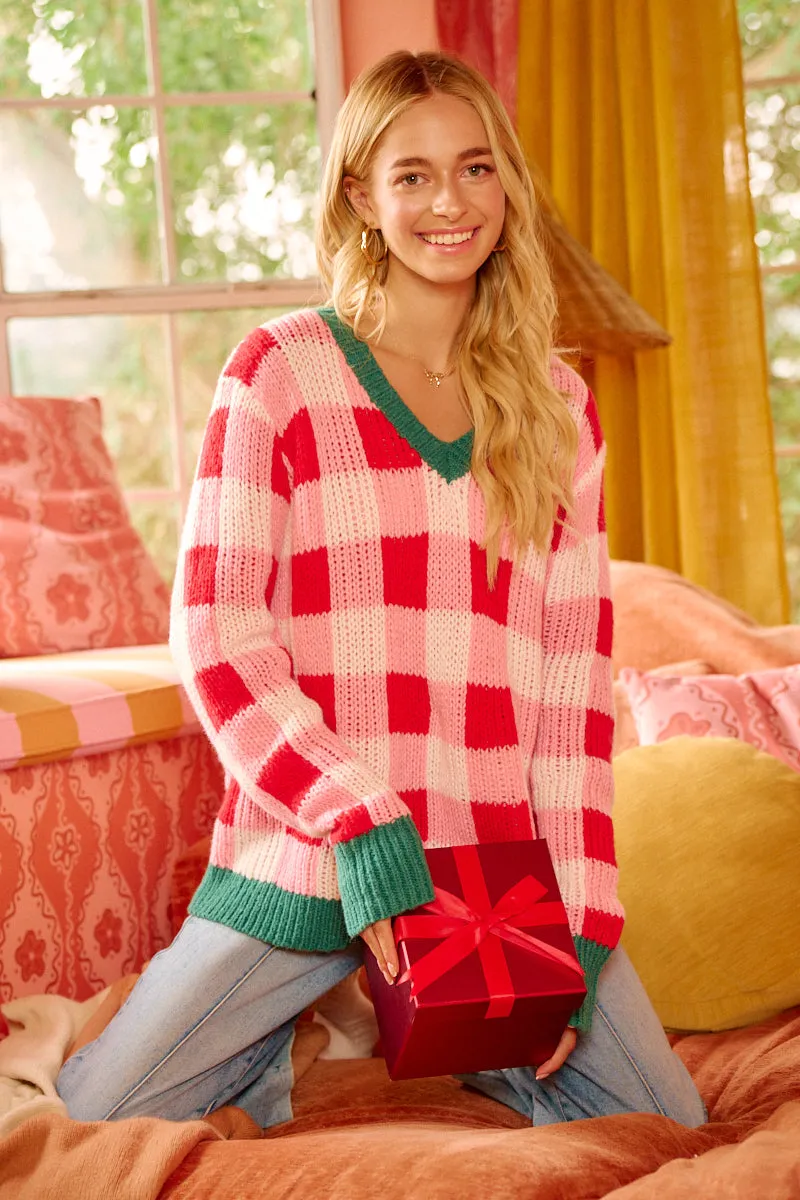 IT4786H-02 | CHRISTMAS THEME CHECKER BOARD SWEATER TOP Comfy Essentials Wind Protection