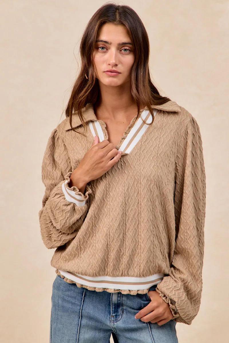 All-day Comfort Versatile Waist IT4789S-01 | TEXTURED KNIT V NECK COLLARED TOP WITH RUFFLED