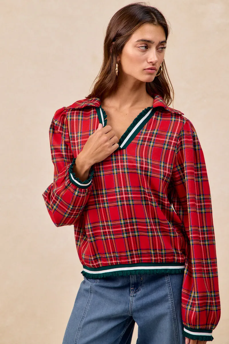 IT4789S-02 | CHRISTMAS PLAID V NECK COLLARED TOP WITH RUFFLED Chill Proof Style Faux Fur Collar