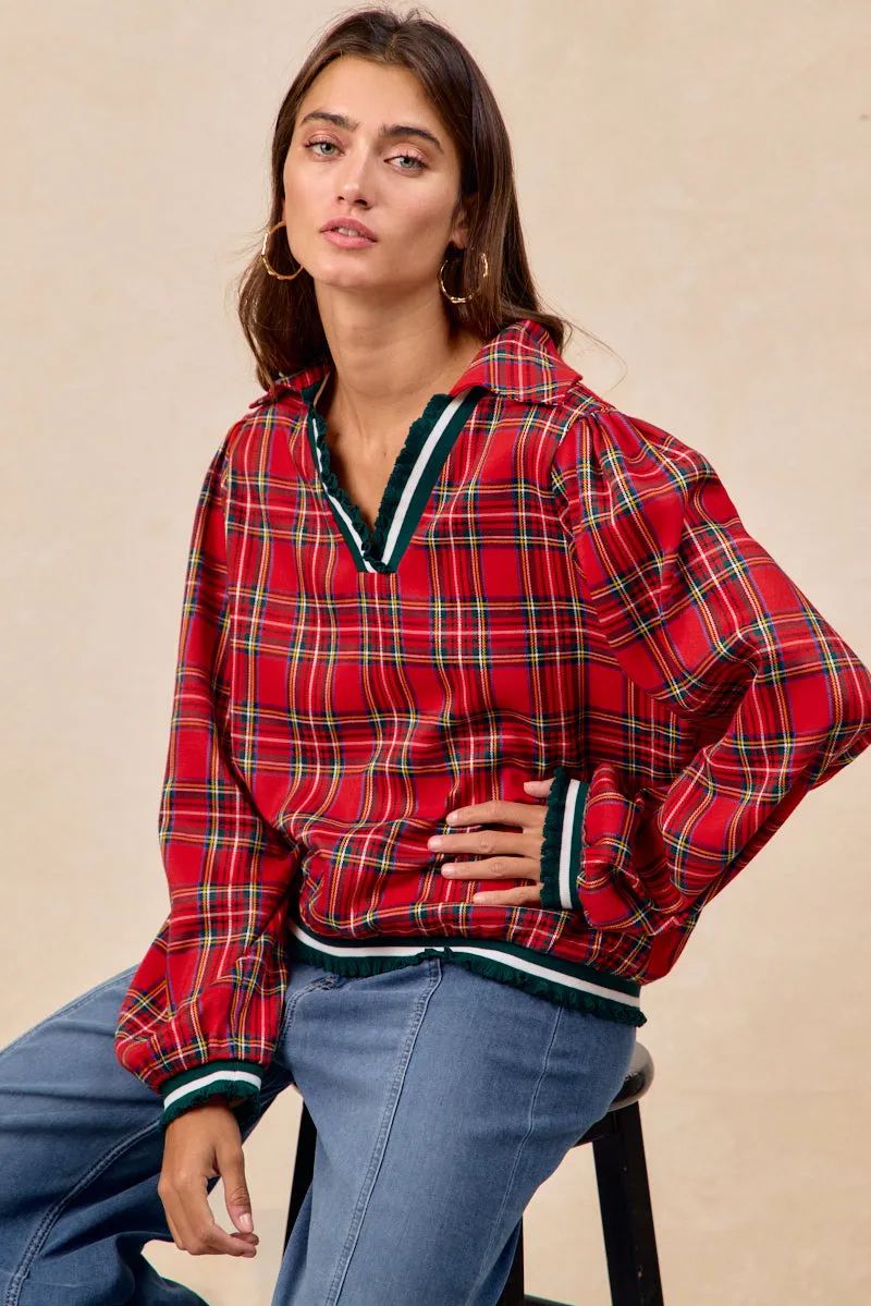 Snow Block IT4789S-02 | CHRISTMAS PLAID V NECK COLLARED TOP WITH RUFFLED