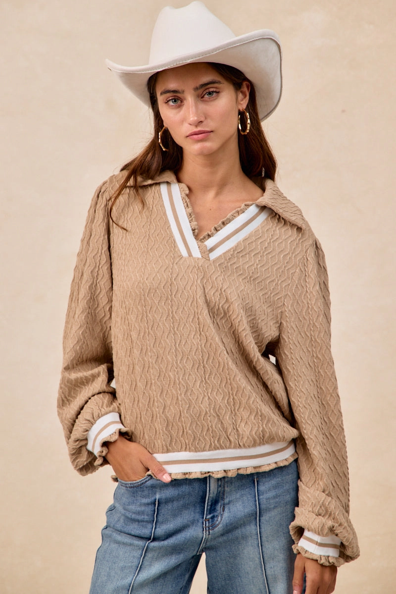 Feminine Line Timeless Look IT4789S-01 | TEXTURED KNIT V NECK COLLARED TOP WITH RUFFLED