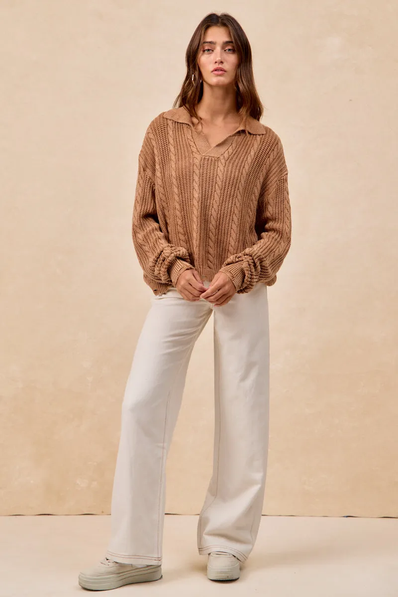 Stylish Outer Layer IT4798-01 | CABLE KNIT SWEATER TOP WITH WIDE COLLARED