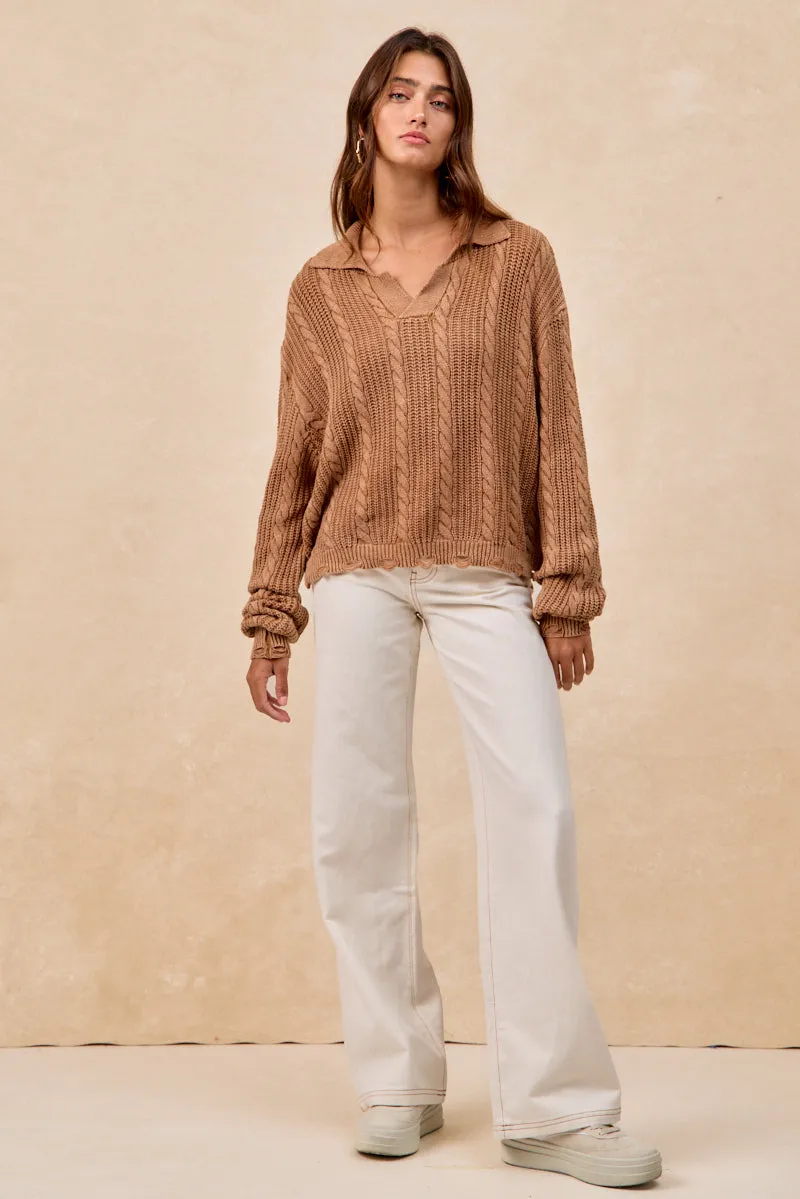 IT4798-01 | CABLE KNIT SWEATER TOP WITH WIDE COLLARED Soft Touch