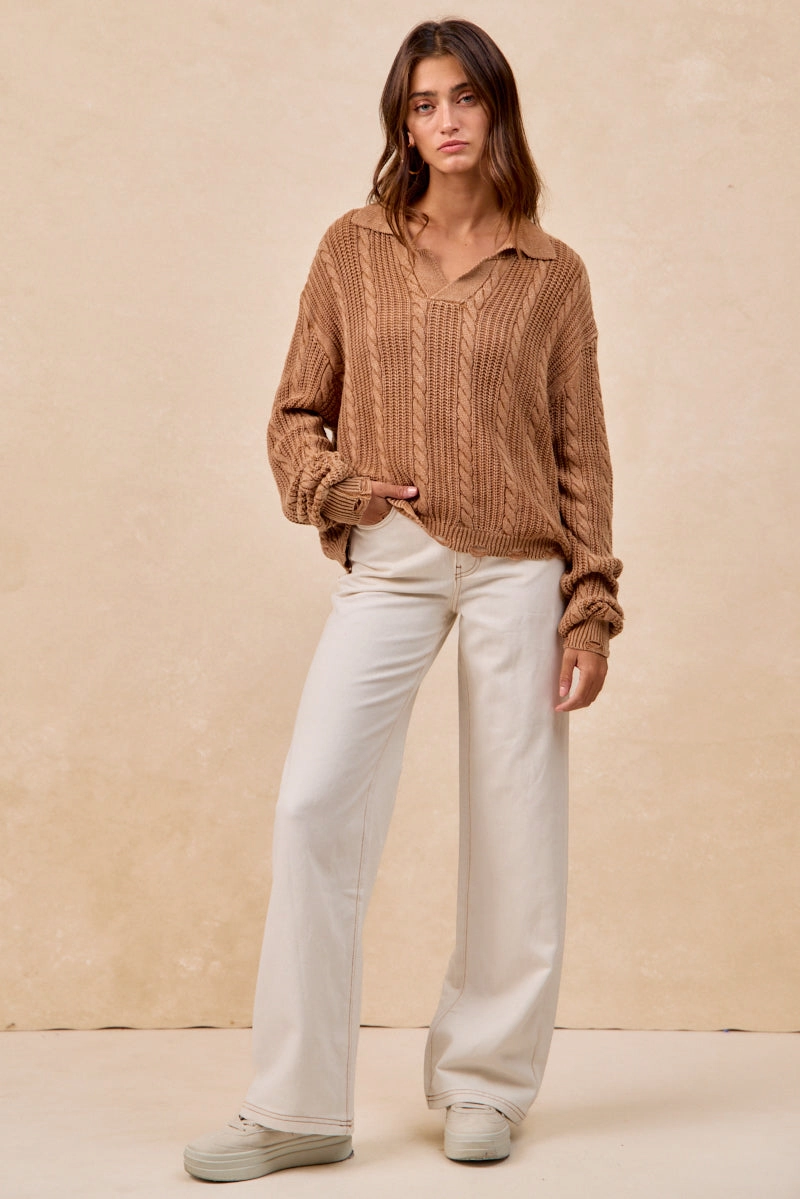 Smart Silhouette IT4798-01 | CABLE KNIT SWEATER TOP WITH WIDE COLLARED