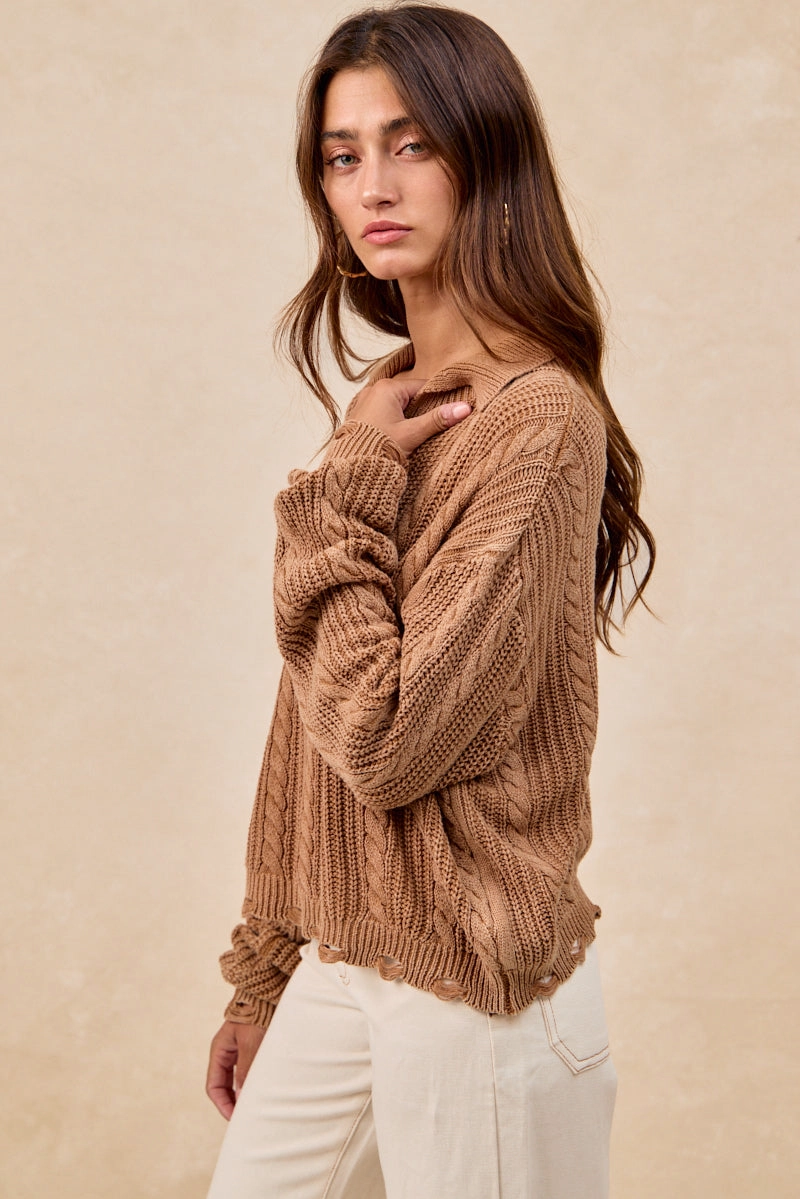 IT4798-01 | CABLE KNIT SWEATER TOP WITH WIDE COLLARED Light Elegance
