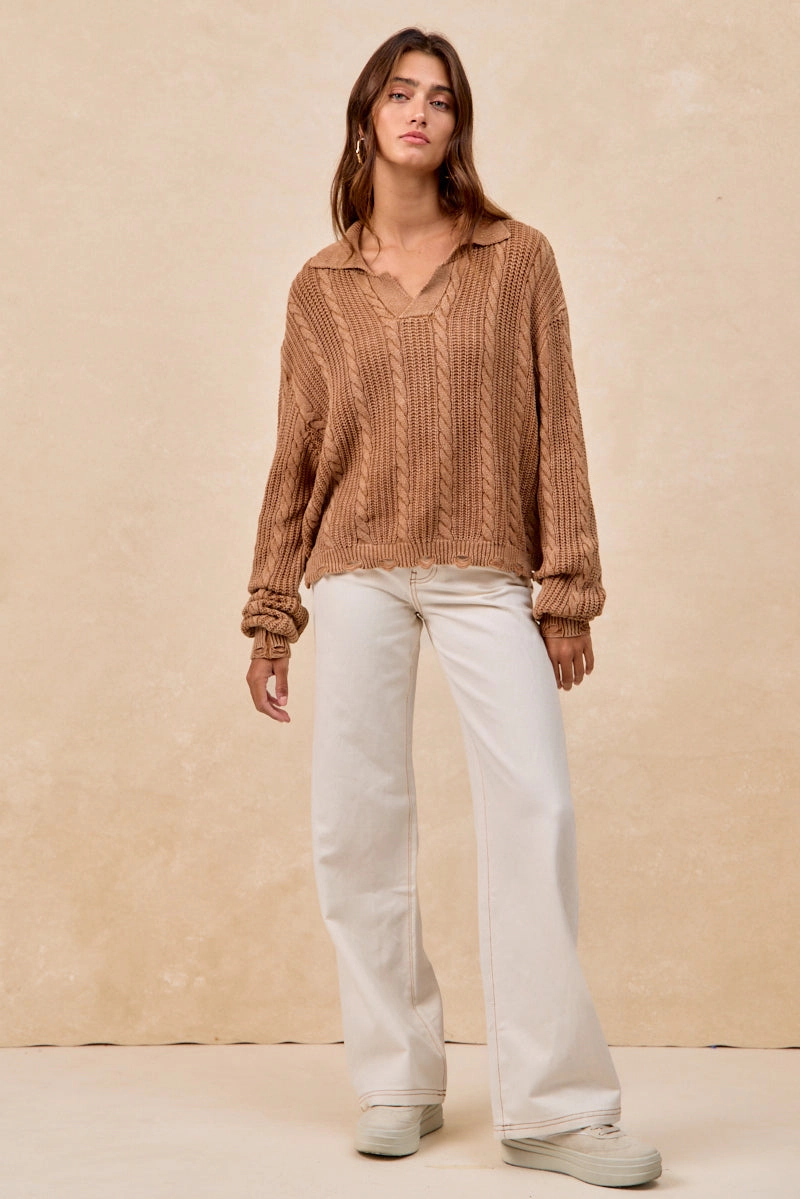 flowy style IT4798-01 | CABLE KNIT SWEATER TOP WITH WIDE COLLARED