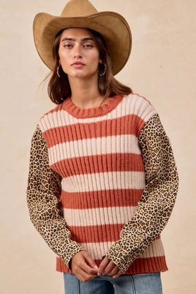 Flowy-Shape Light Rhythm IT4812-01 | STRIPED RIB KNIT SWEATER WITH LEOPARD SLEEVES