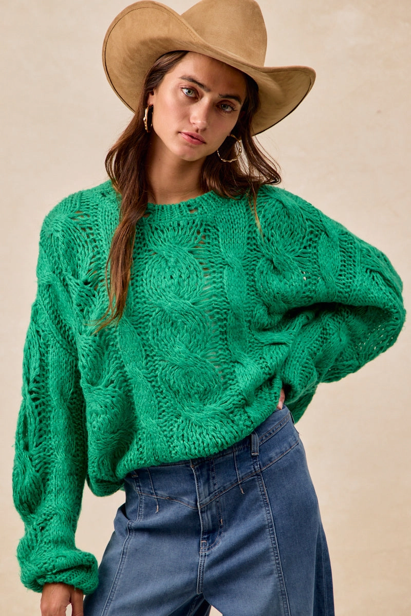 IT4815-01 | SEMI SHEER WEAVE CHUNKY CABLE KNITTING SWEATER TOP Tassel-Detail Refined Mood