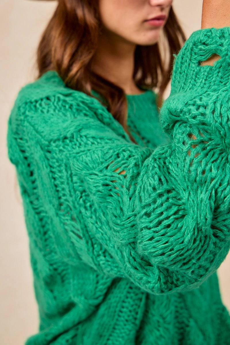 Neutral Aesthetic Casual Tone IT4815-01 | SEMI SHEER WEAVE CHUNKY CABLE KNITTING SWEATER TOP