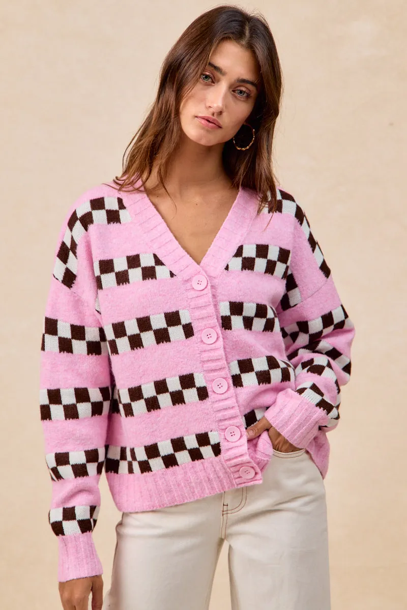 IT4817-01 | CHECKER BOARD STRIPED SWEATER CARDIGAN WITH BUTTON Performance Comfort