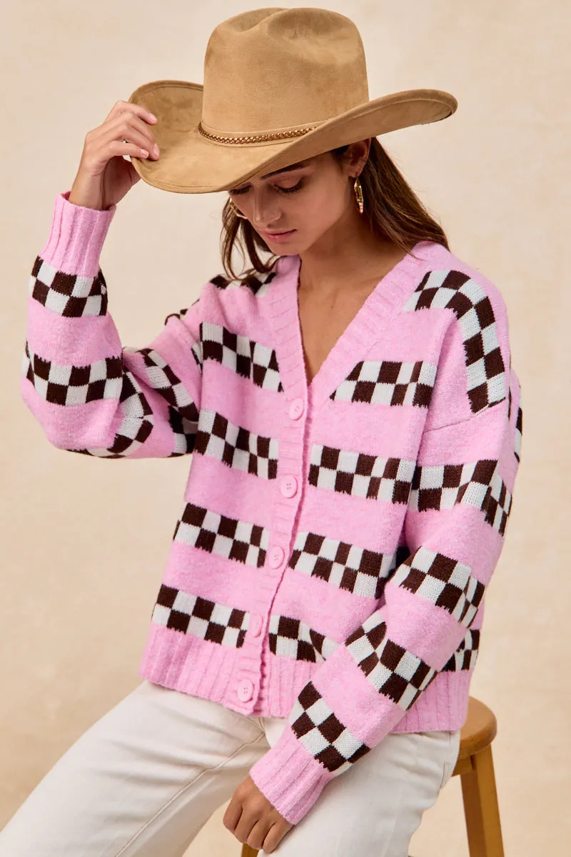 IT4817-01 | CHECKER BOARD STRIPED SWEATER CARDIGAN WITH BUTTON Move Comfort