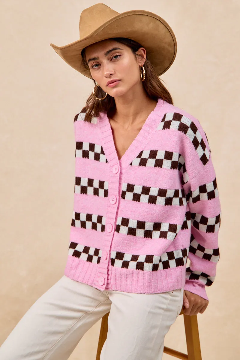 IT4817-01 | CHECKER BOARD STRIPED SWEATER CARDIGAN WITH BUTTON Travel Ready Fit